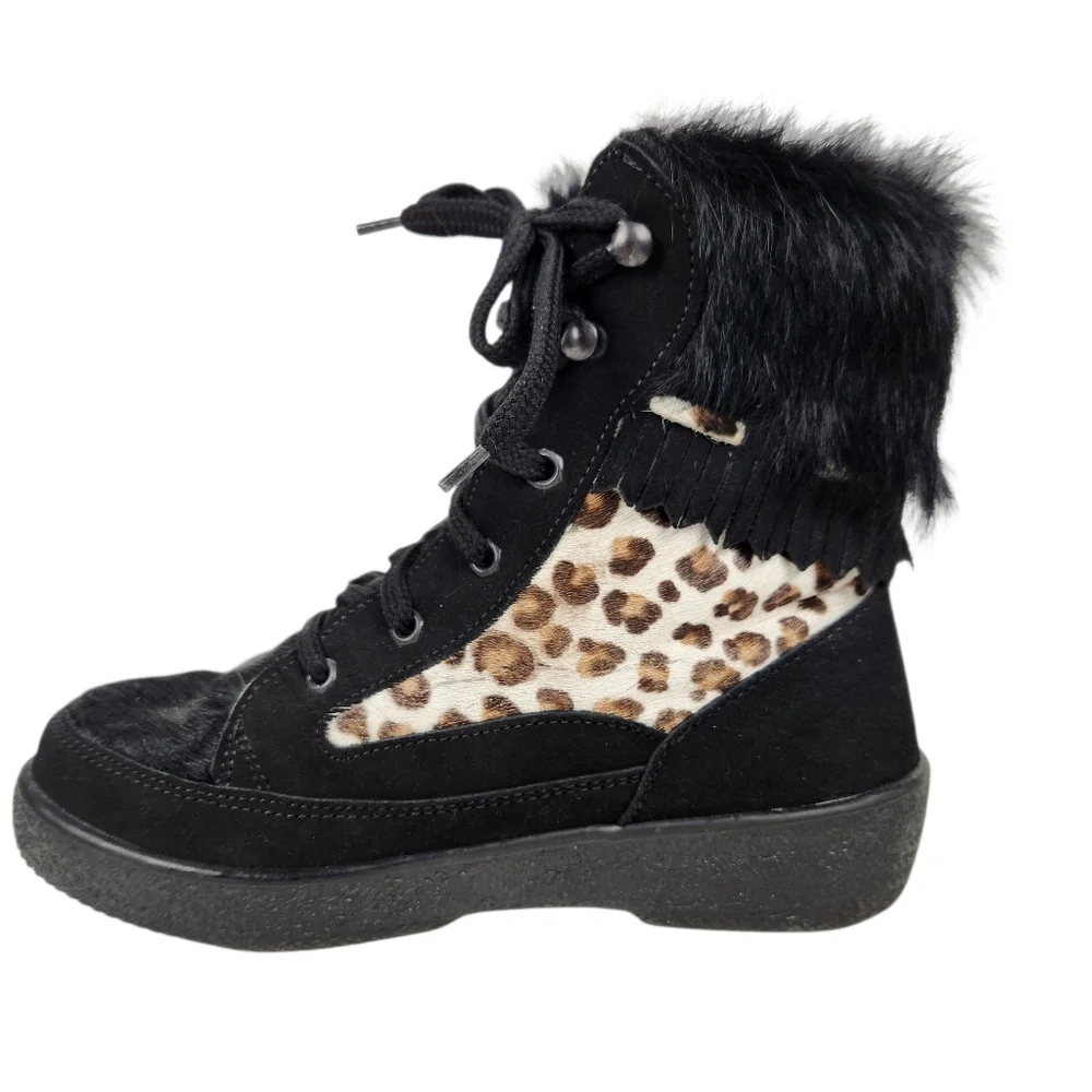 Oscar Sport Cristina Après Ski Black Fur Suede Leather Cheetah BootWomen Size 38 - Picture 4 of 16